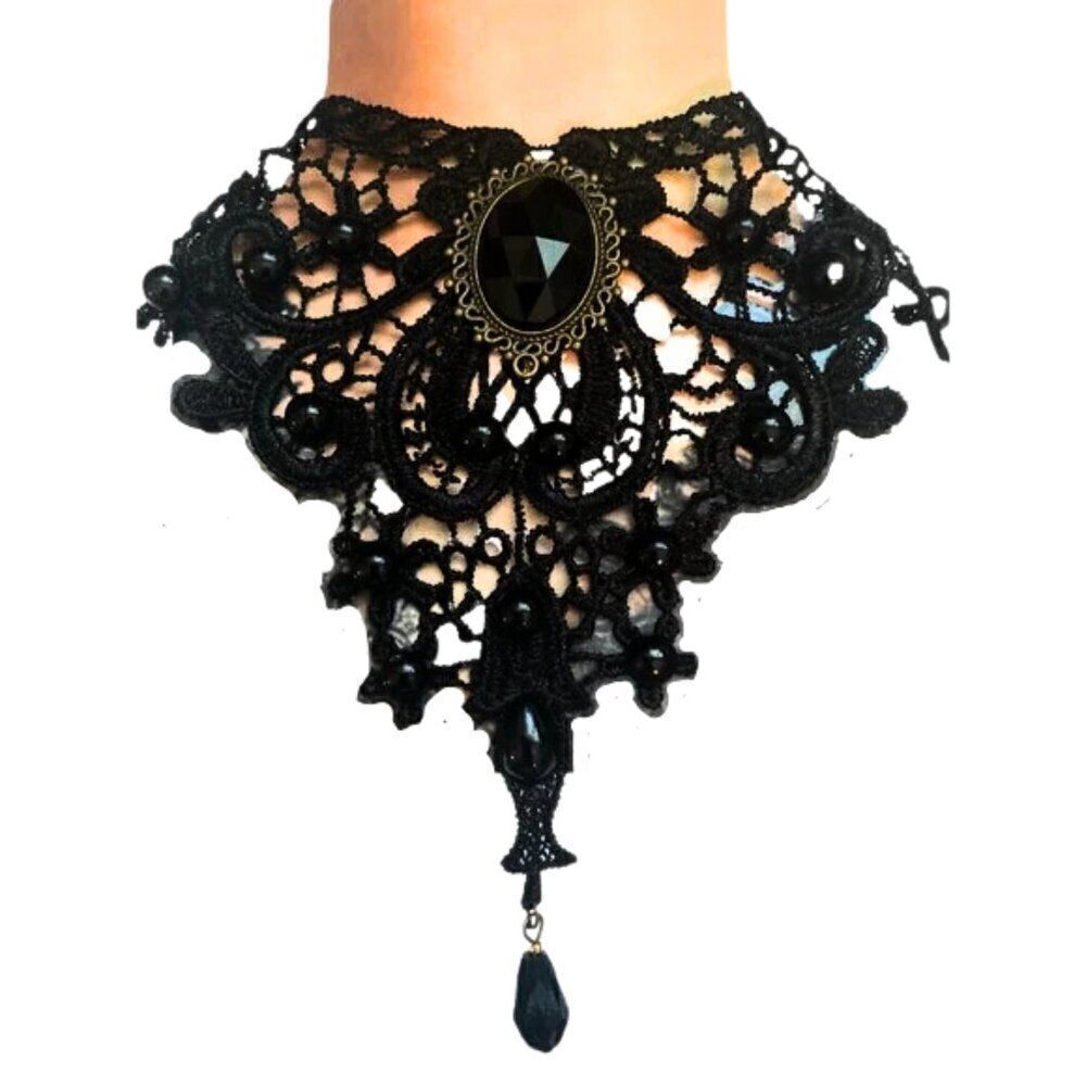 New Victorian Gothic Black Lace Choker Necklace with Gemstone Centerpiece - Picture 4 of 11